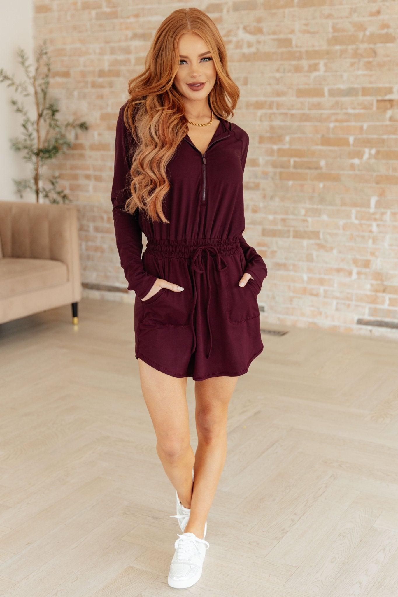 Getting Out Long Sleeve Hoodie Romper in Maroon - AS7893-01 - Love it Curvy