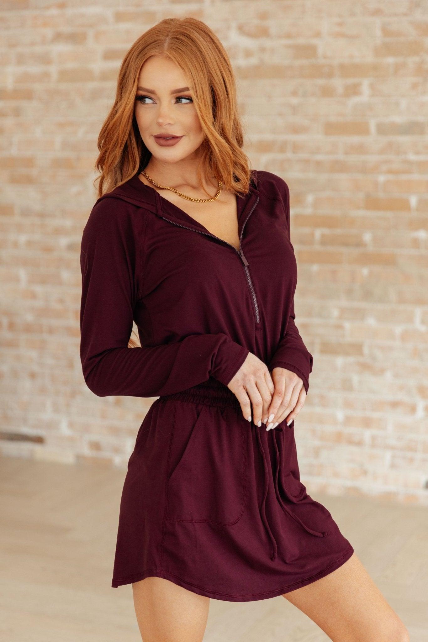 Getting Out Long Sleeve Hoodie Romper in Maroon - AS7893-01 - Love it Curvy