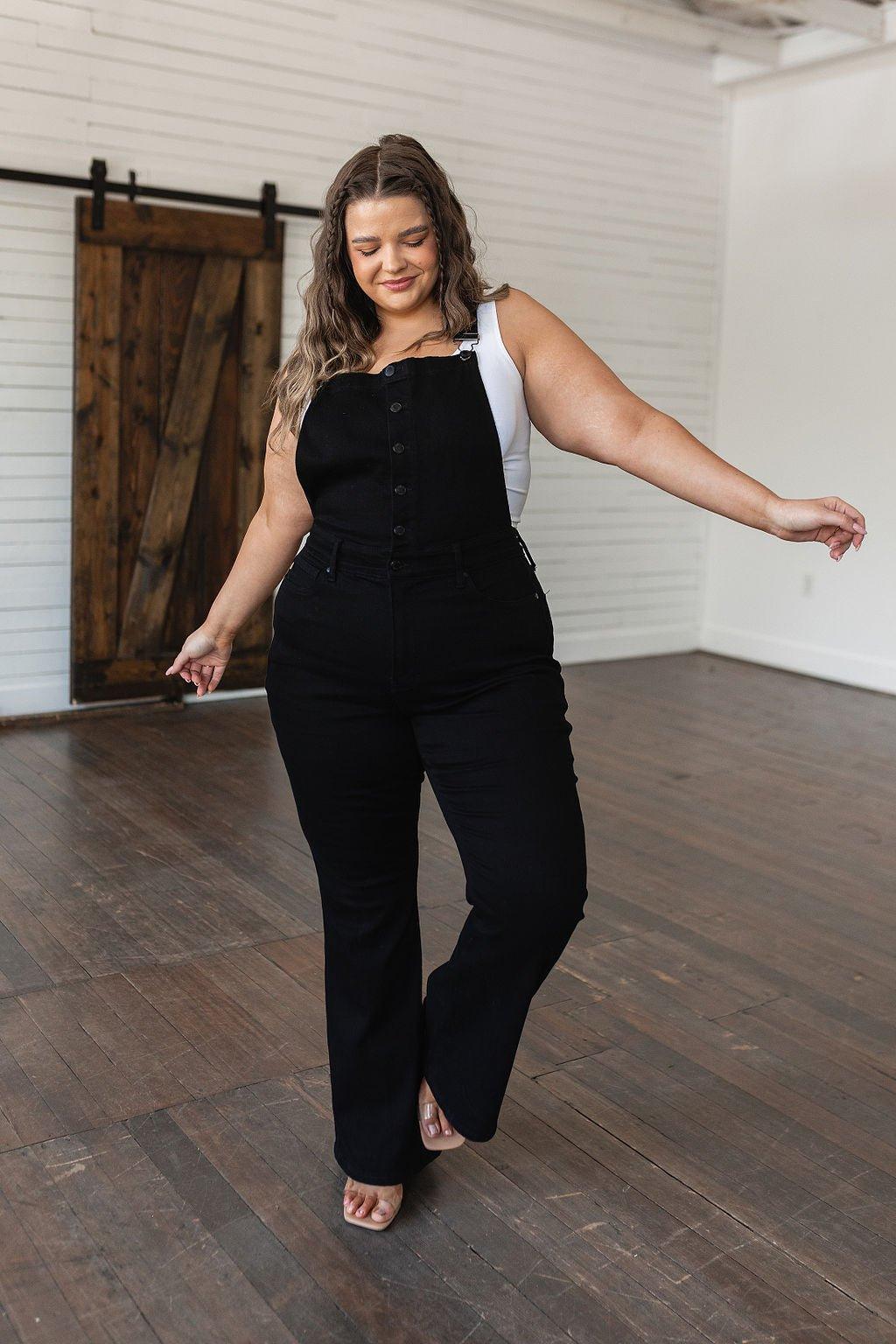 Imogene Control Top Retro Flare Overalls in Black - AS6150-01 - Love it Curvy