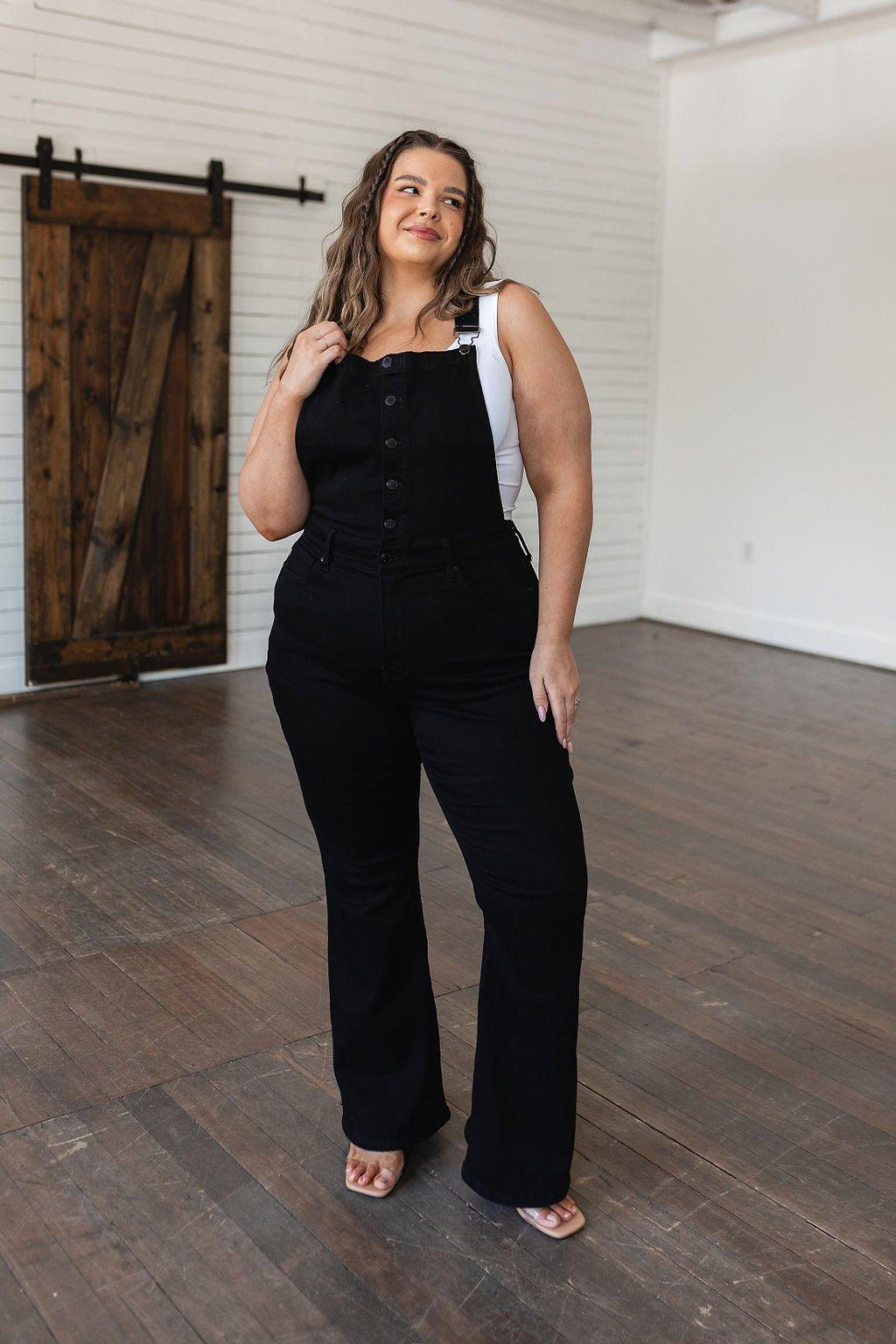 Imogene Control Top Retro Flare Overalls in Black - AS6150-01 - Love it Curvy