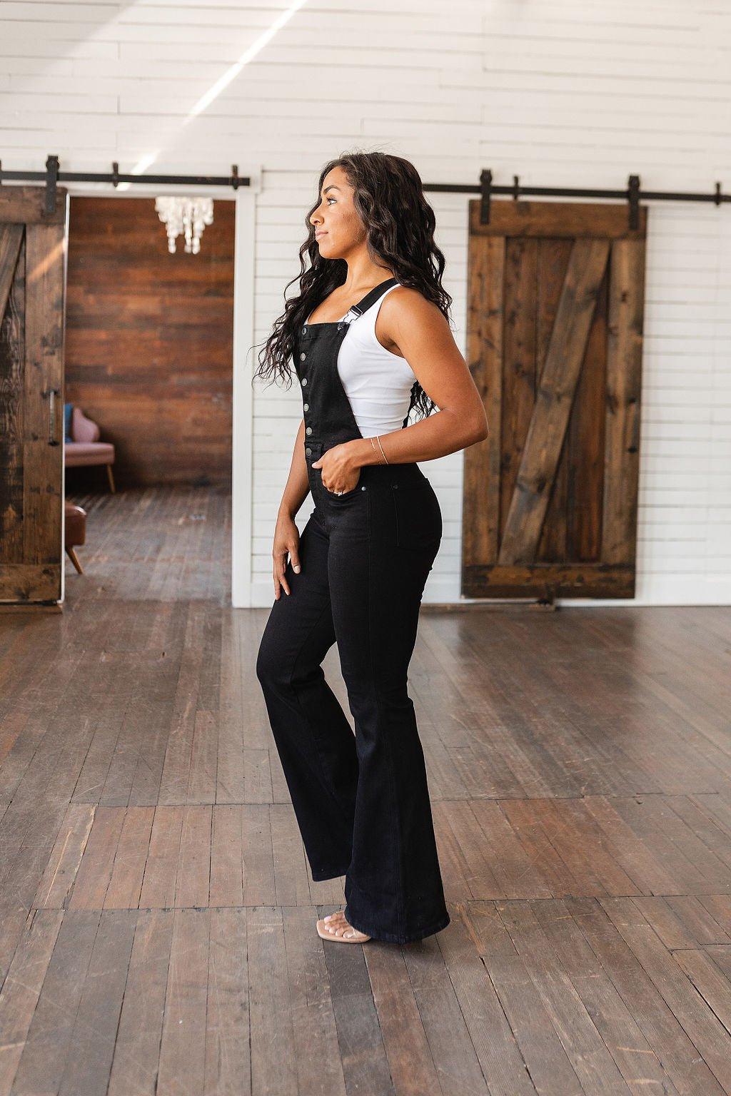 Imogene Control Top Retro Flare Overalls in Black - AS6150-01 - Love it Curvy