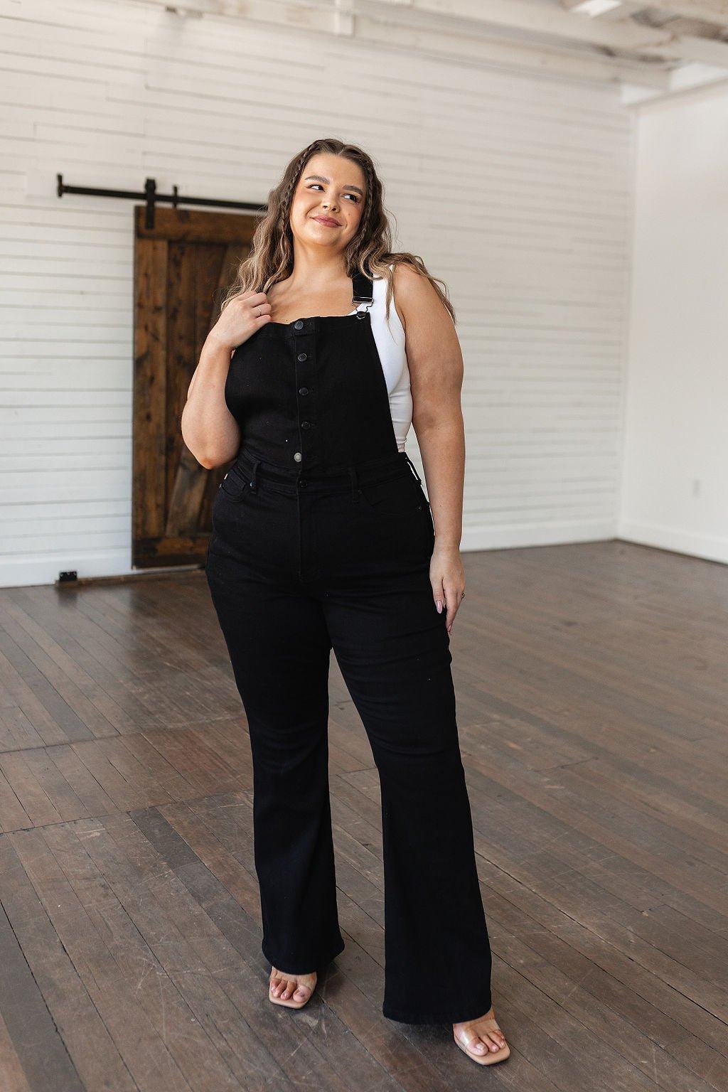 Imogene Control Top Retro Flare Overalls in Black - AS6150-01 - Love it Curvy