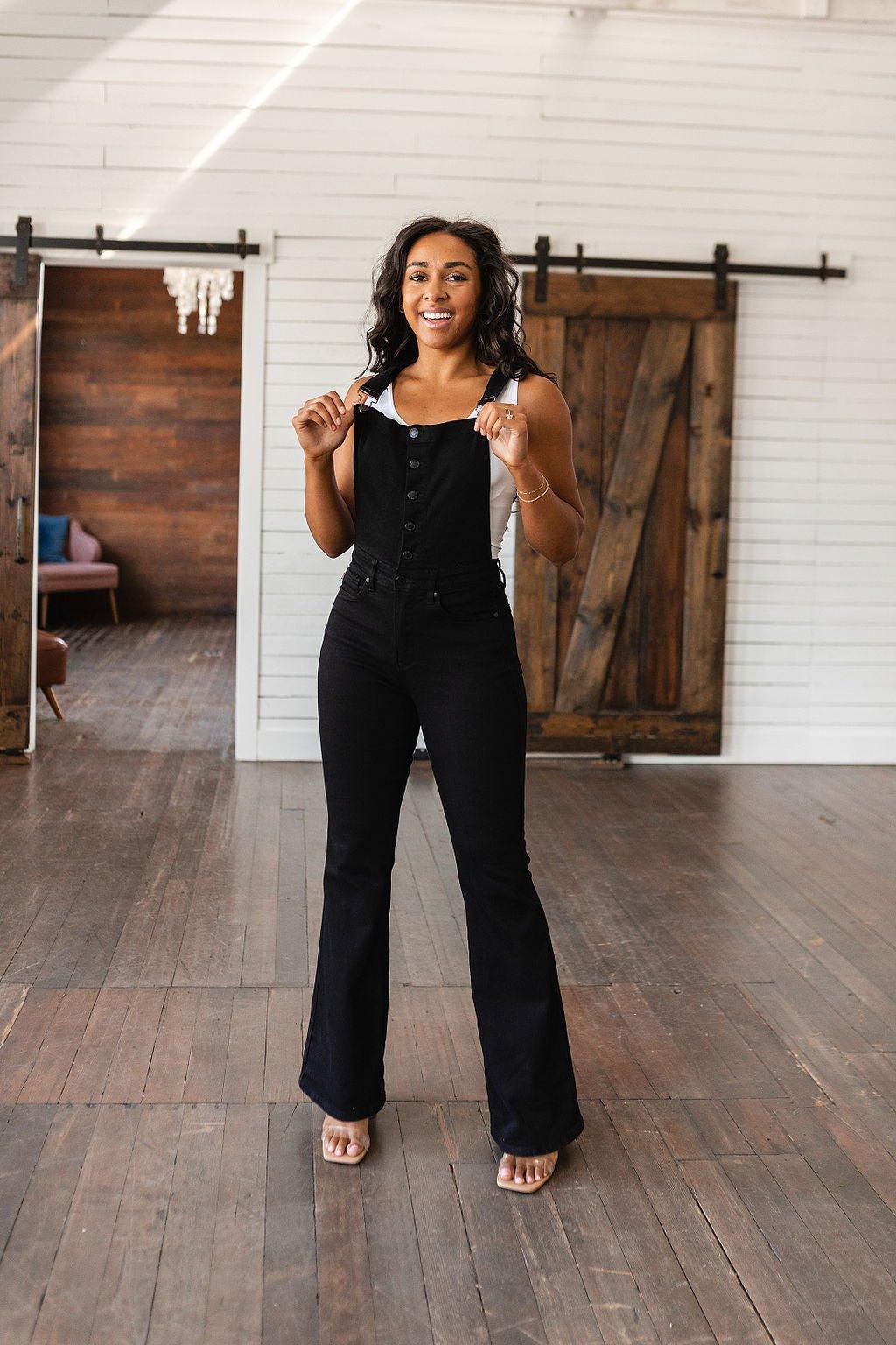 Imogene Control Top Retro Flare Overalls in Black - AS6150-01 - Love it Curvy