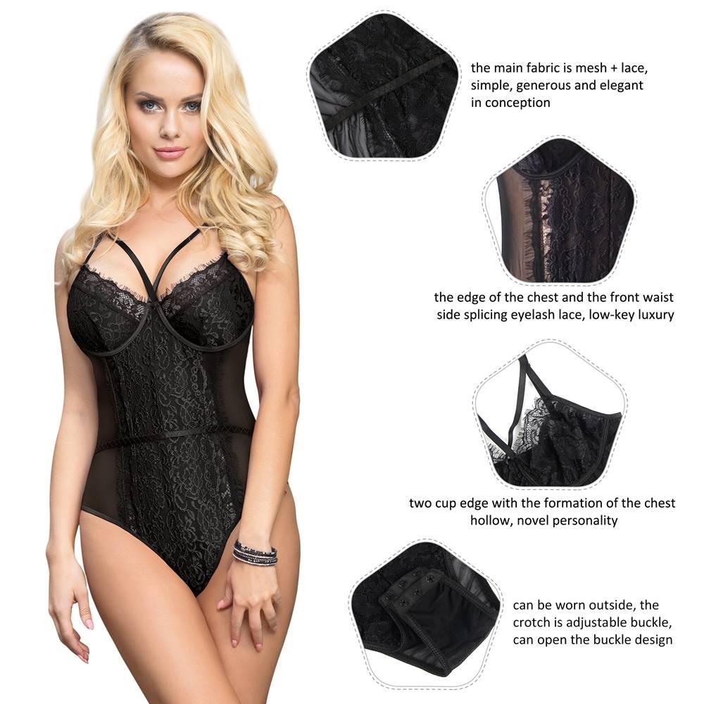 Lace Openable Crotch Plus Size Black Bodysuit Without Underwire - R80875-1P - Love it Curvy