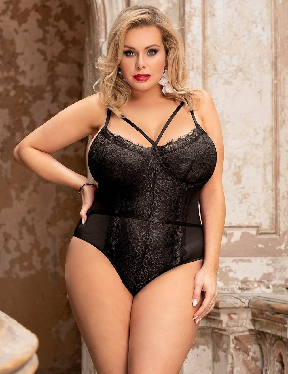 Lace Openable Crotch Plus Size Black Bodysuit Without Underwire - R80875-1P - Love it Curvy