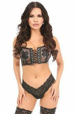 Lavish Black Fishnet & Faux Leather Lace-Up Short Bustier Top - LV-926-S - Love it Curvy