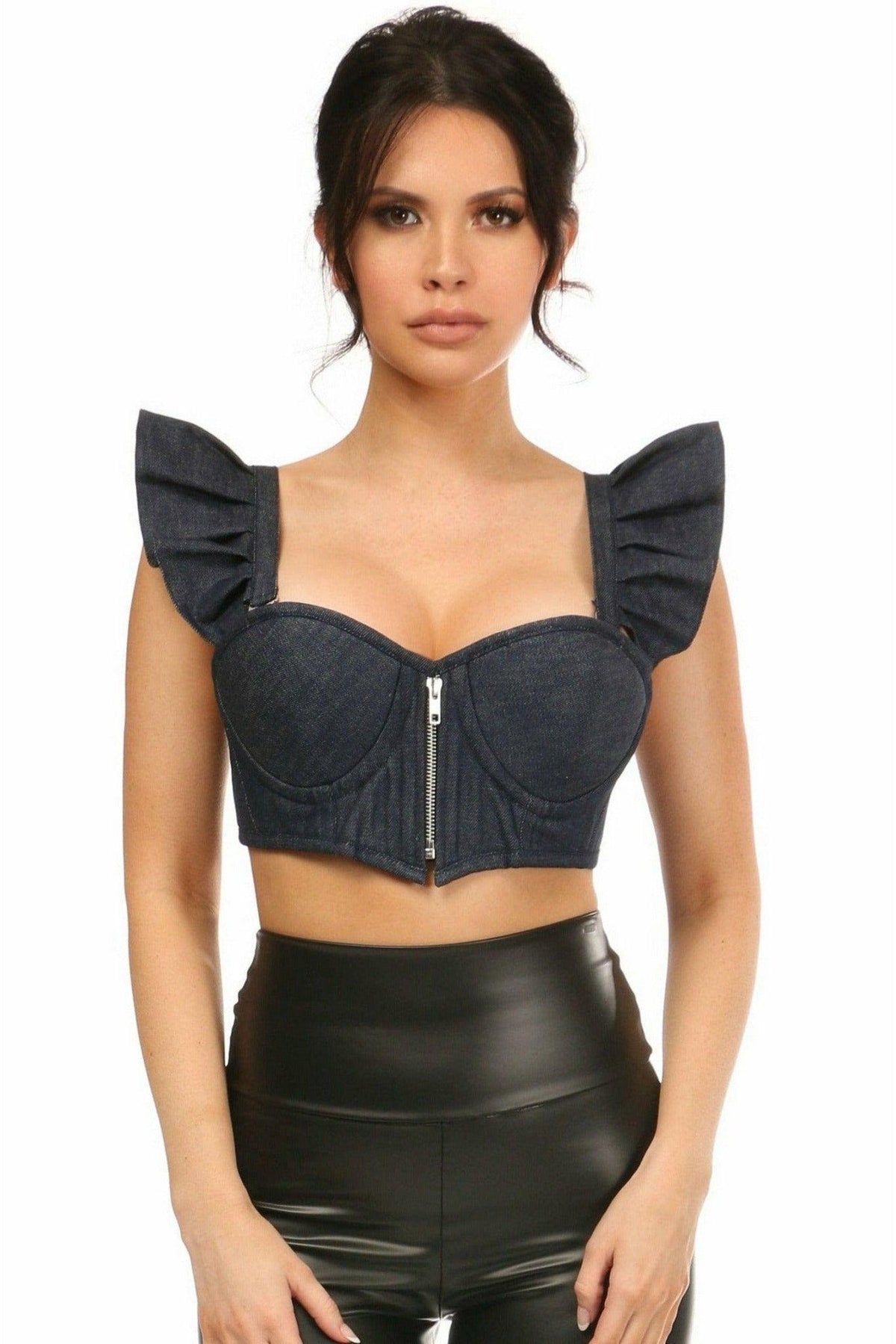 Lavish Blue Denim Underwire Bustier Top w/Removable Ruffle Sleeves - LV-1246-S - Love it Curvy