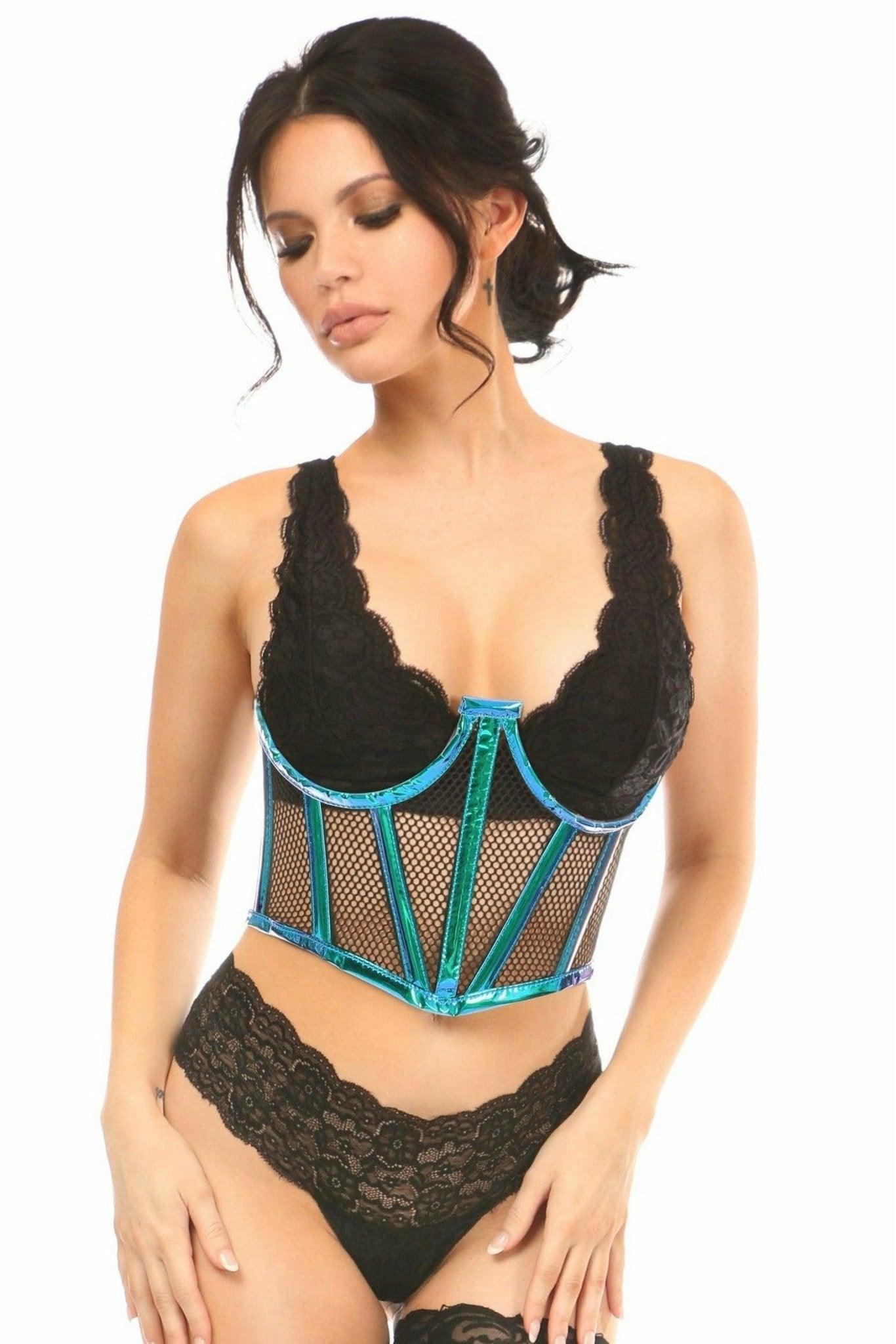 Lavish Blue/Teal Holo & Fishnet Underwire Waist Cincher Corset - LV-1392-S - Love it Curvy