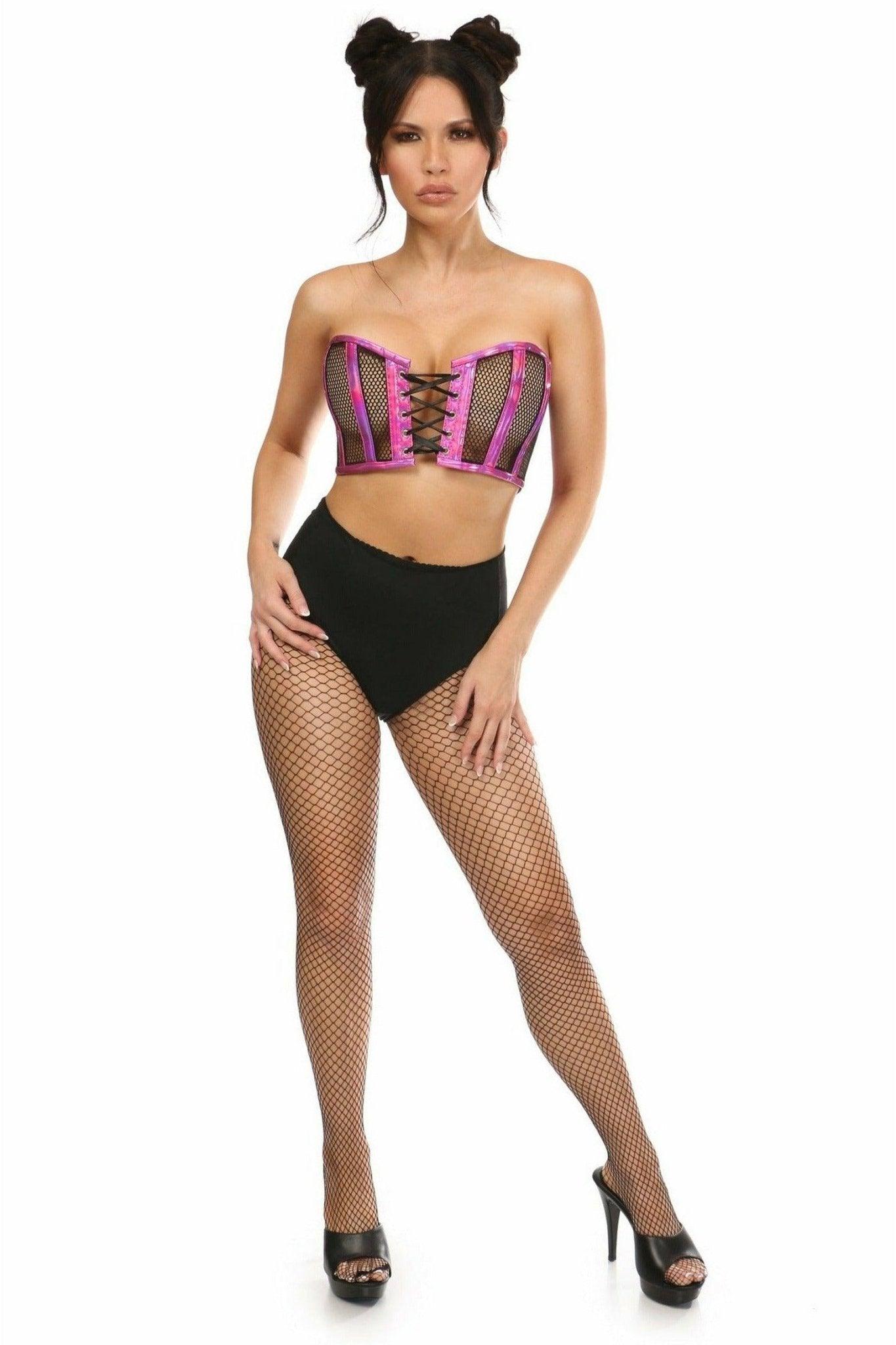 Lavish Fuchsia Holo & Fishnet Lace-Up Short Bustier Top - LV-1320-S - Love it Curvy