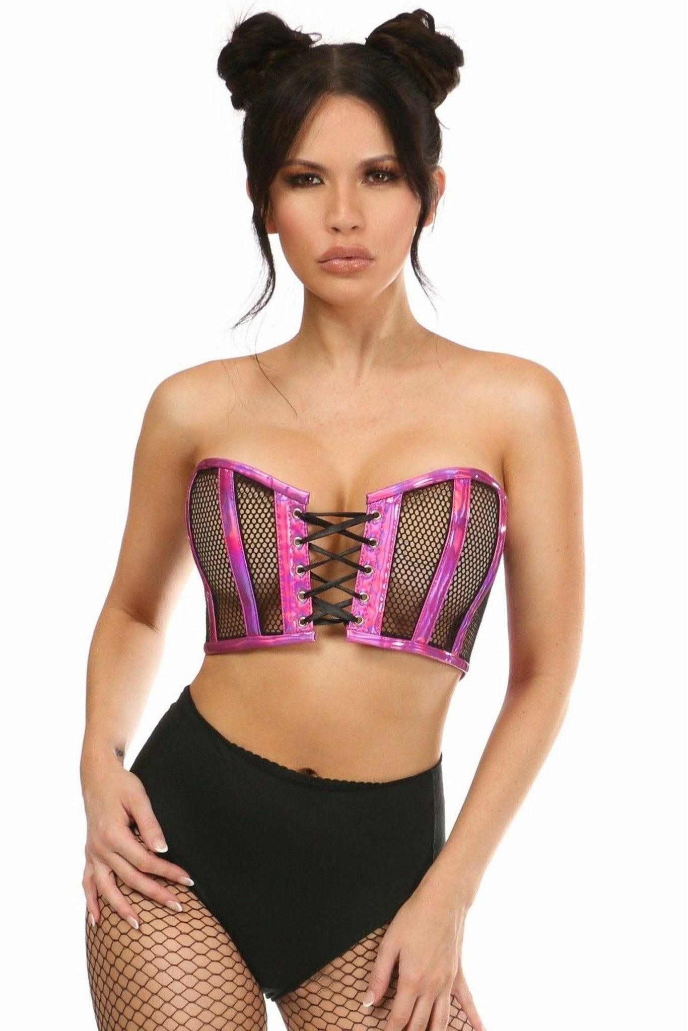 Lavish Fuchsia Holo & Fishnet Lace-Up Short Bustier Top - LV-1320-S - Love it Curvy