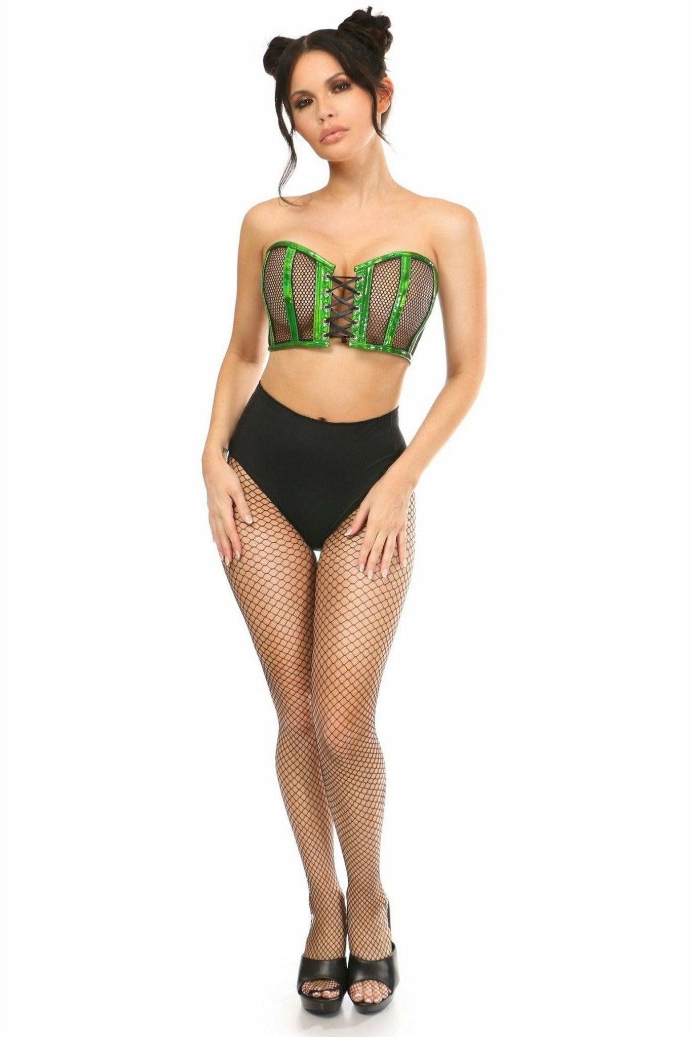 Lavish Green Holo & Fishnet Lace-Up Short Bustier Top - LV-1317-S - Love it Curvy