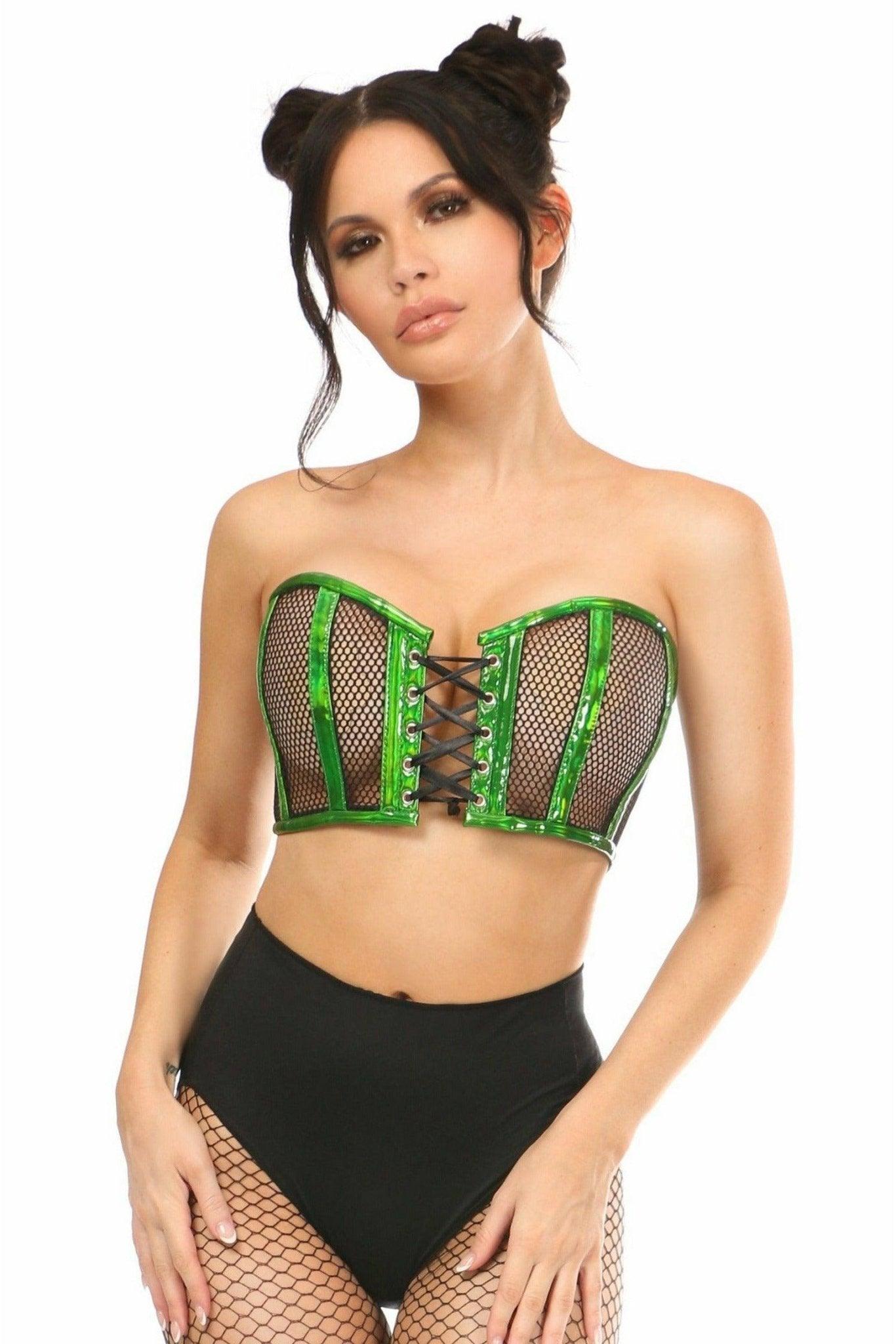 Lavish Green Holo & Fishnet Lace-Up Short Bustier Top - LV-1317-S - Love it Curvy