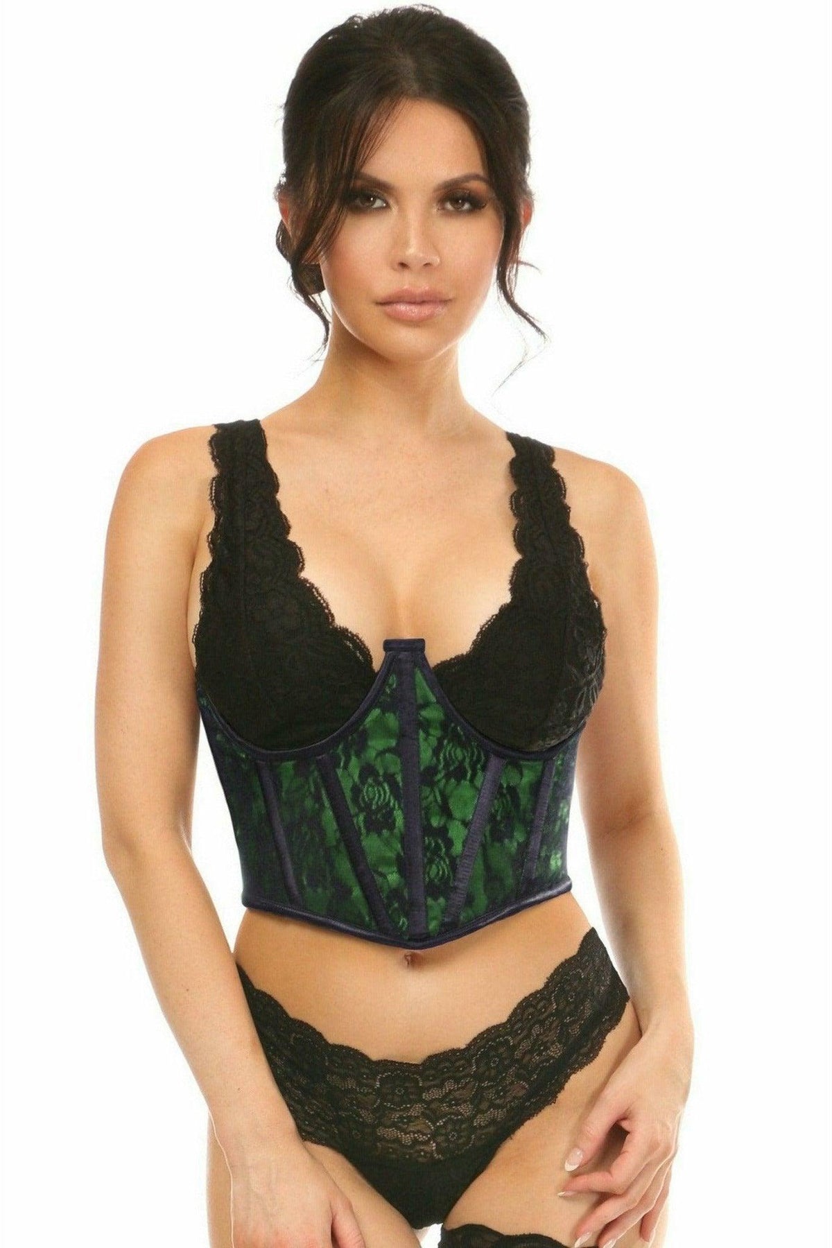 Lavish Green w/Black Lace Overlay Open Cup Waist Cincher - Love it Curvy