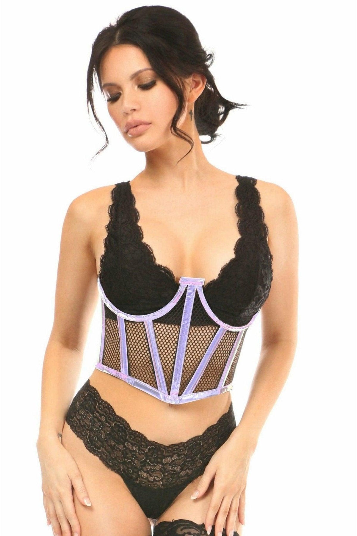 Lavish Lavender Holo & Fishnet Underwire Waist Cincher Corset - LV-1394-S - Love it Curvy