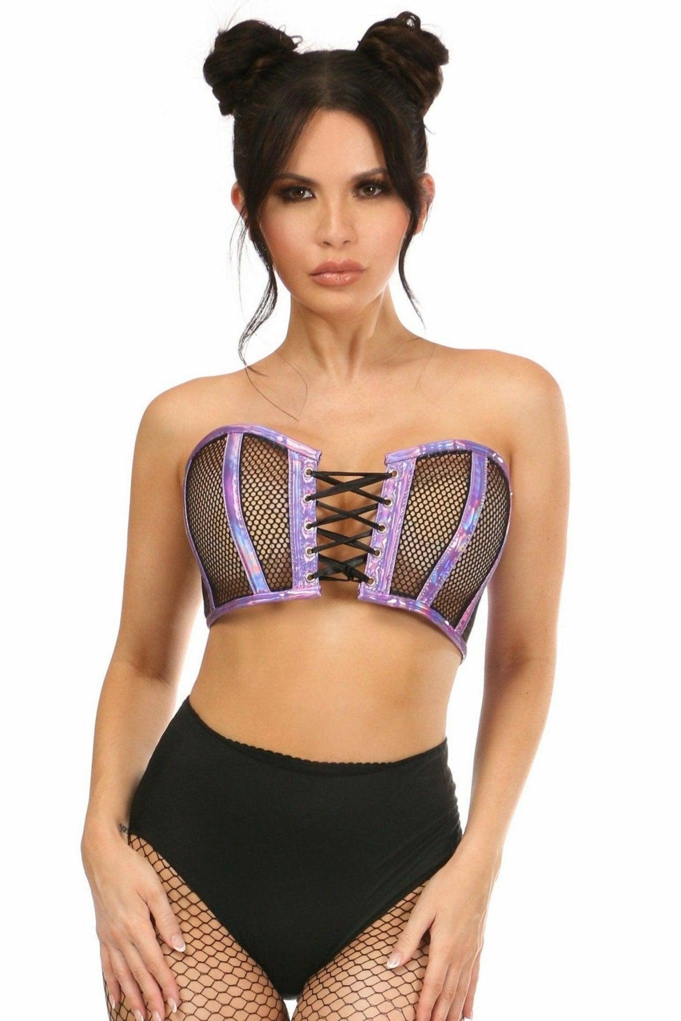 Lavish Purple Holo & Fishnet Lace-Up Short Bustier Top - LV-1316-S - Love it Curvy