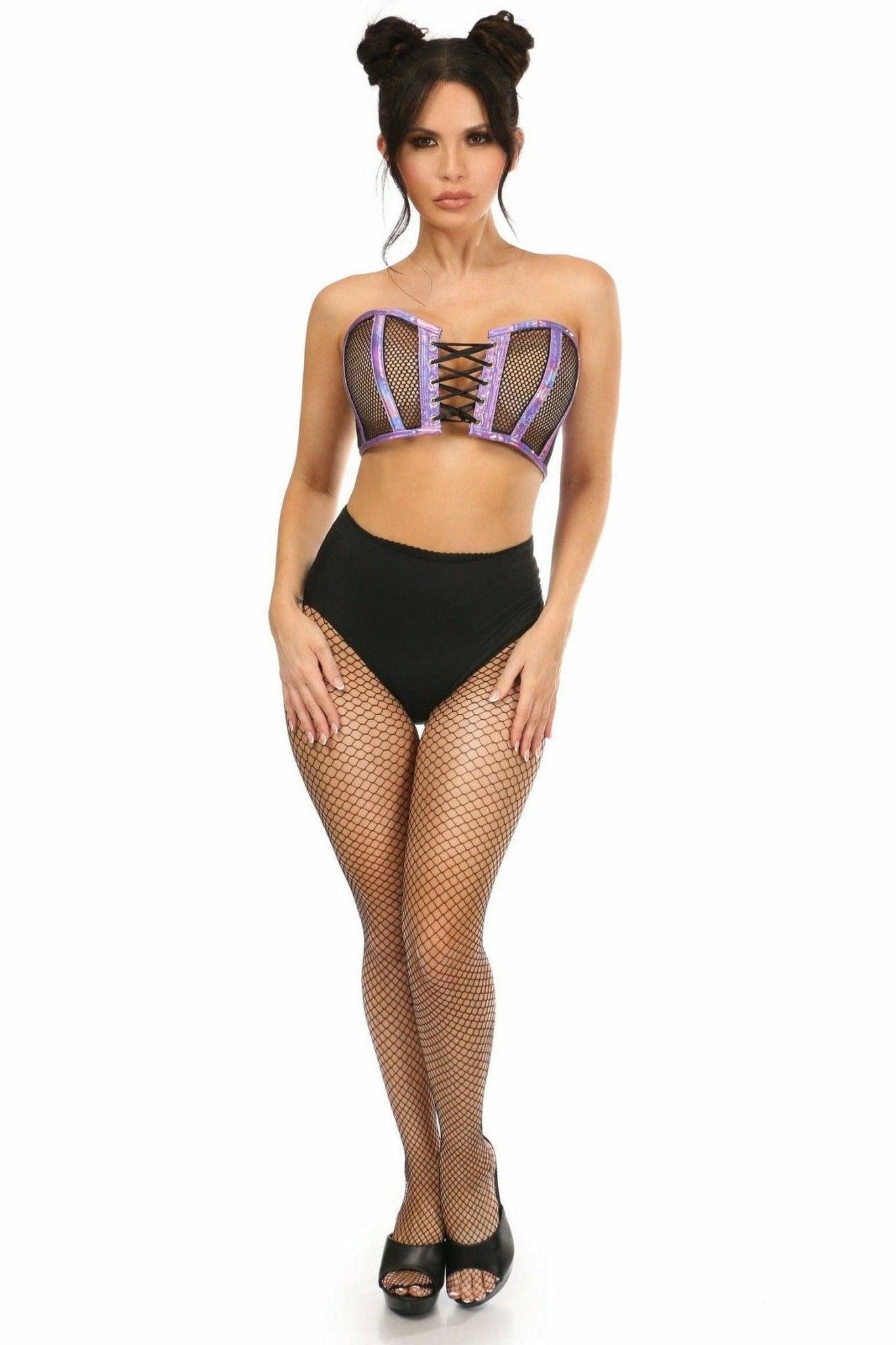 Lavish Purple Holo & Fishnet Lace-Up Short Bustier Top - LV-1316-S - Love it Curvy