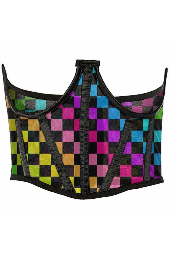 Lavish Rainbow Checkers Print Mesh Open Cup Waist Cincher - Love it Curvy Main image