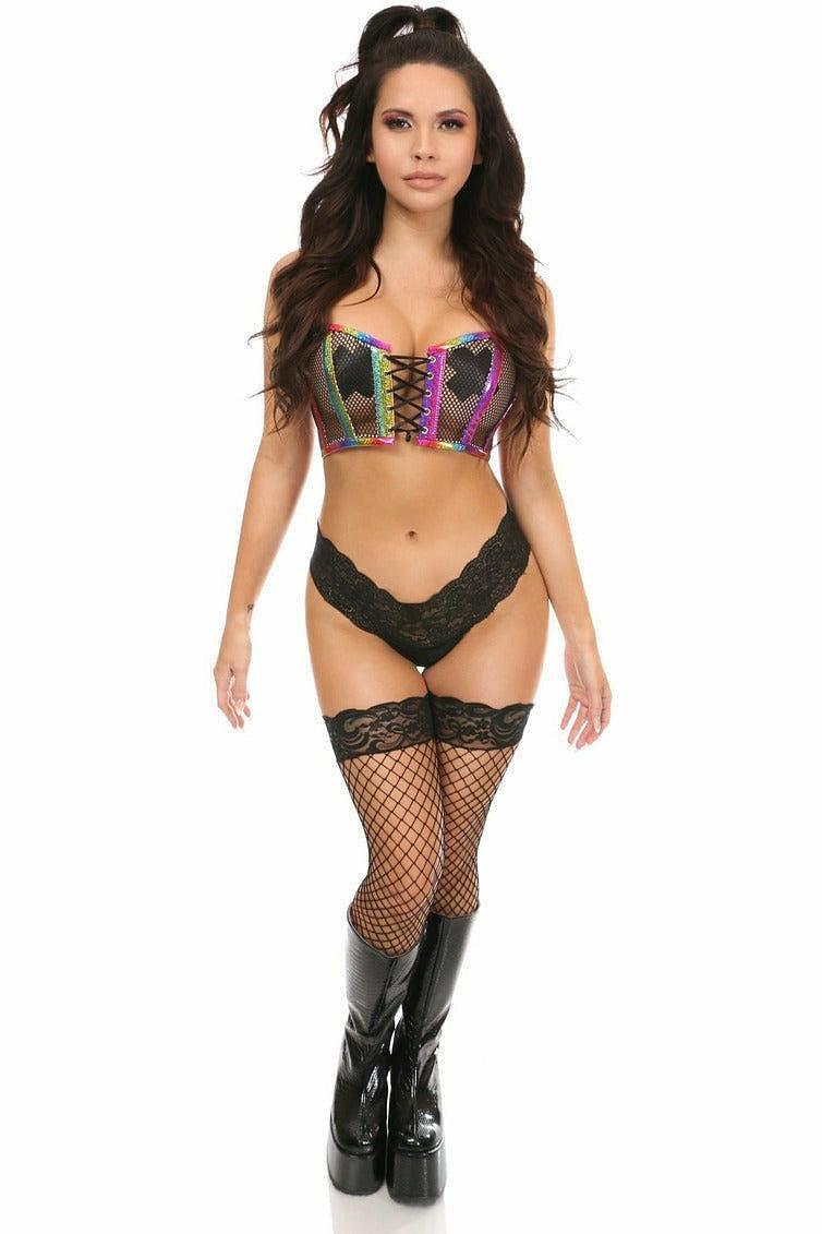 Lavish Rainbow PVC Glitter & Fishnet Lace-Up Short Bustier Top - LV-1107-S - Love it Curvy