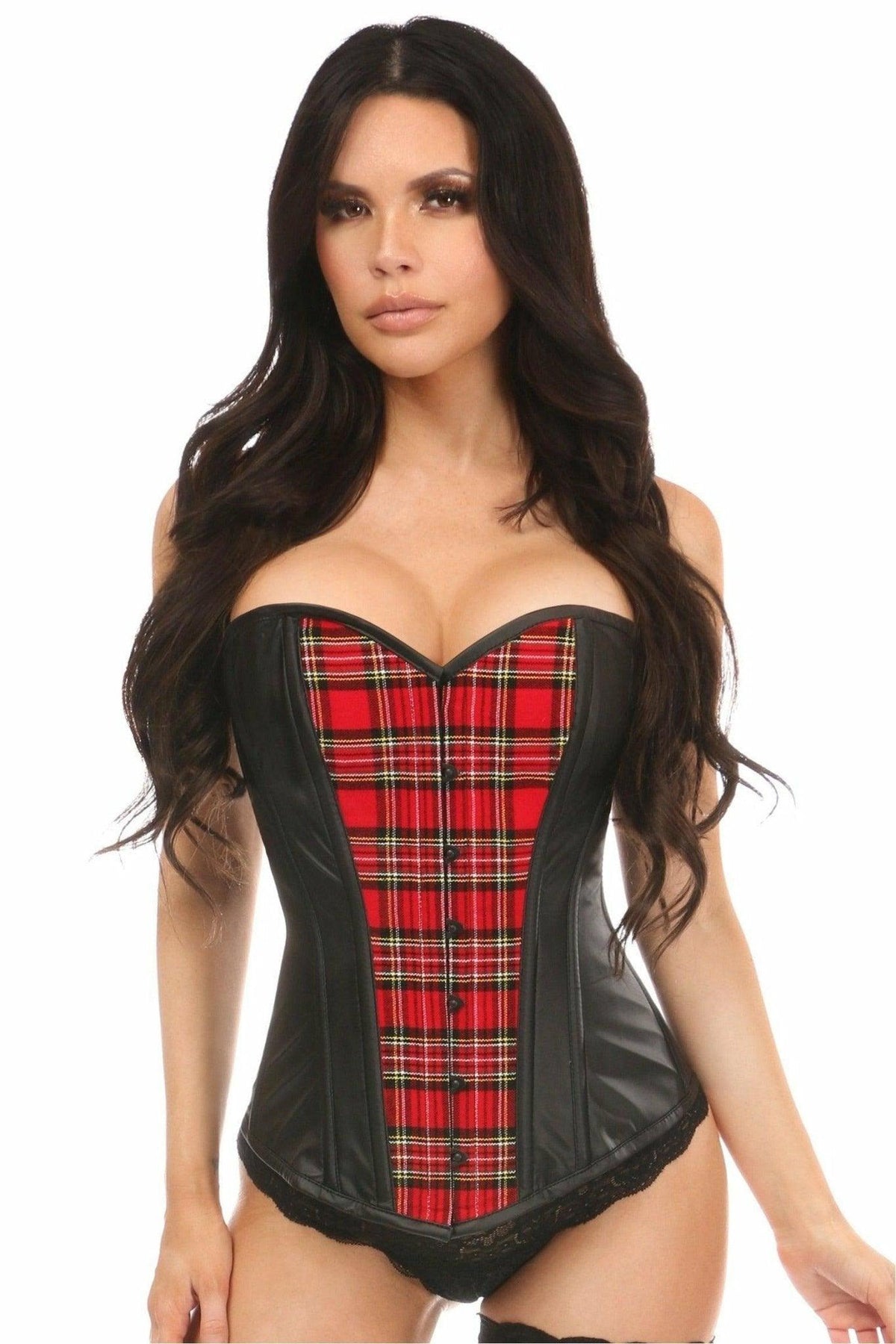 Lavish Red Plaid & Wet Look Overbust Corset - LV-1254-S - Love it Curvy