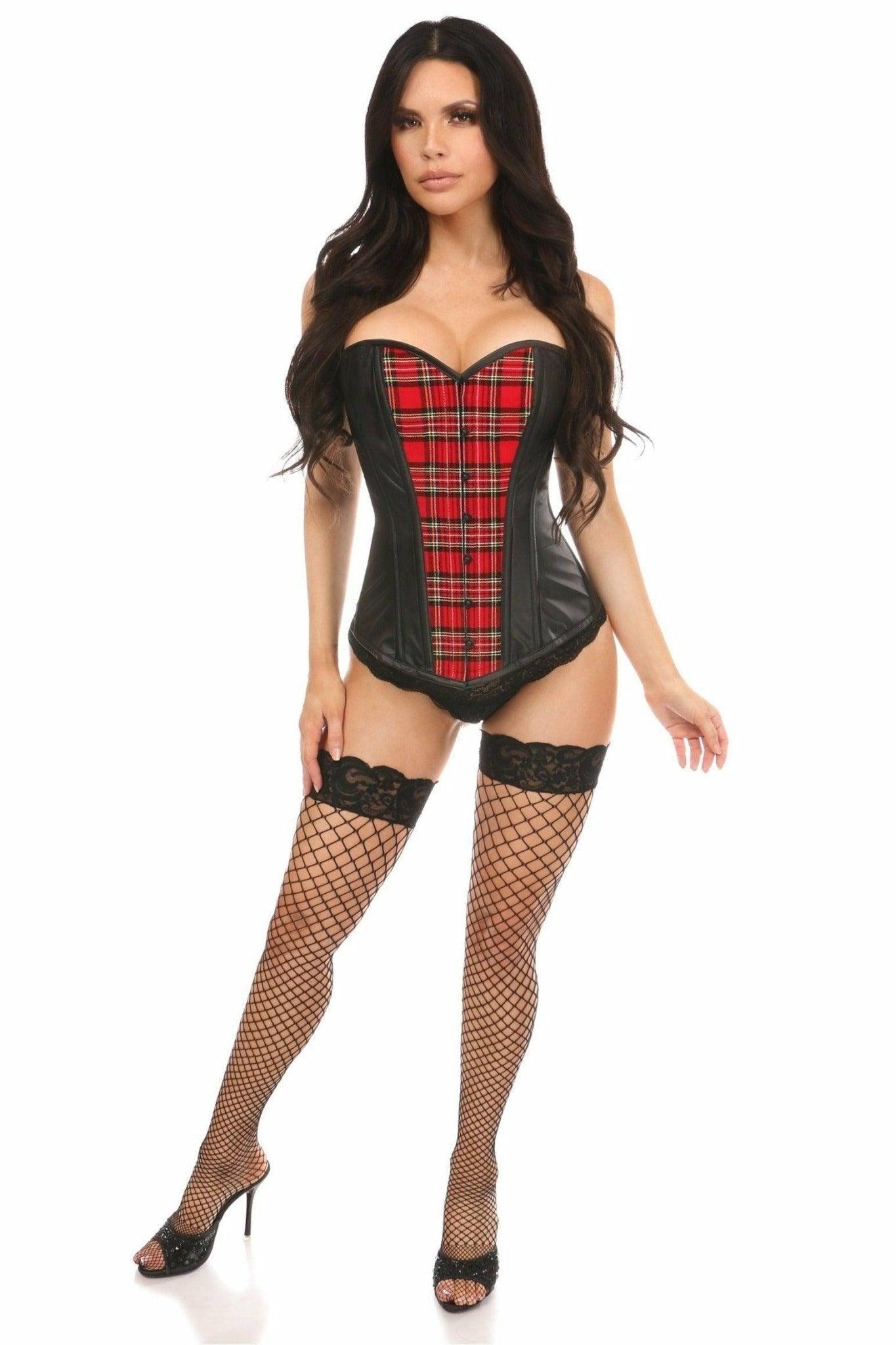 Lavish Red Plaid & Wet Look Overbust Corset - LV-1254-S - Love it Curvy