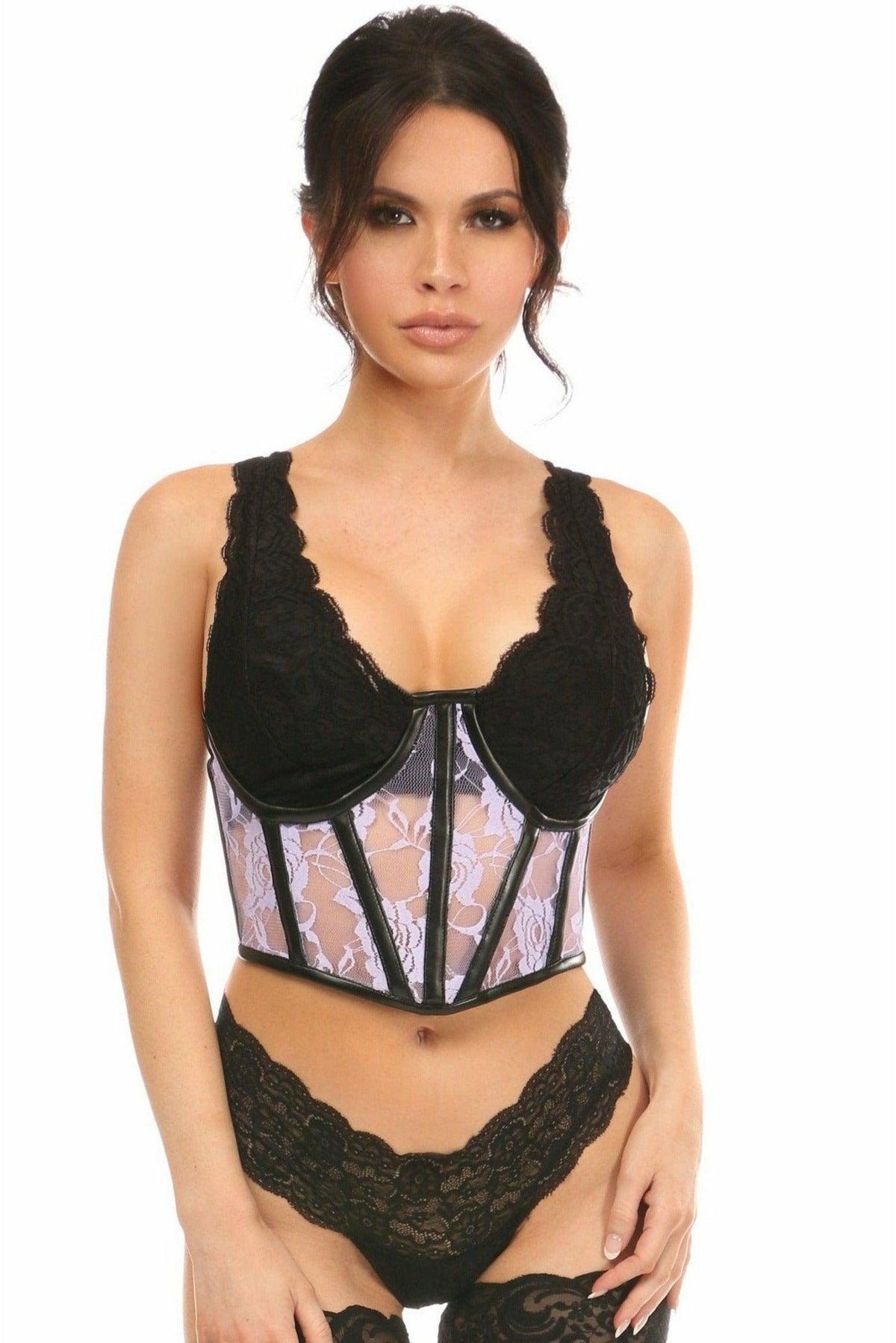 Lavish Sheer Lavender Lace & Faux Leather Open Cup Waist Cincher - LV-1278-S - Love it Curvy