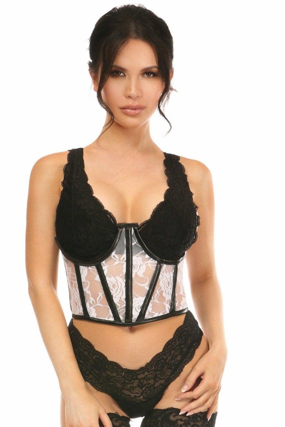 Lavish Sheer White Lace & Faux Leather Open Cup Waist Cincher - LV-1282-S - Love it Curvy