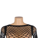 Long Sleeve Two-Piece Black Bodystocking With Fishnet Crop Top And Bottom - H3534-3P-XS - Love it Curvy