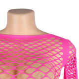 Long Sleeve Two-Piece Hot Pink Bodystocking With Fishnet Crop Top And Bottom - H3534-1P-XS - Love it Curvy