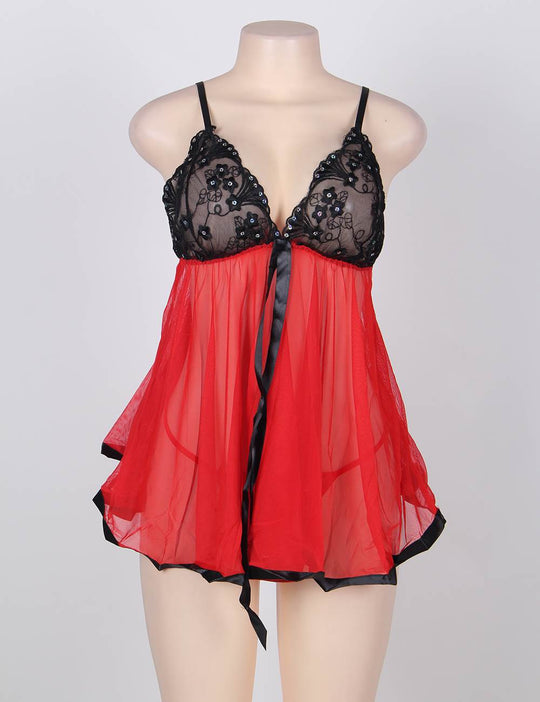 Sexy Black Red Rhinestone Plus Size See-through Nightdress - Love it Curvy
