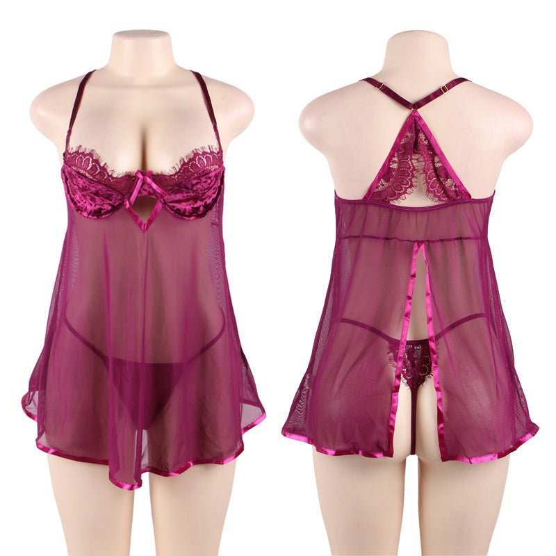 Love It Curvy: Classy Plus Size Velvet Underwired Sheer Mesh Babydoll - Love it Curvy