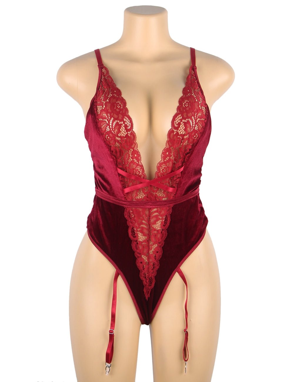 Love It Curvy: Deep V garter lace velvet stitching teddy - R81040-1P-3 - Love it Curvy