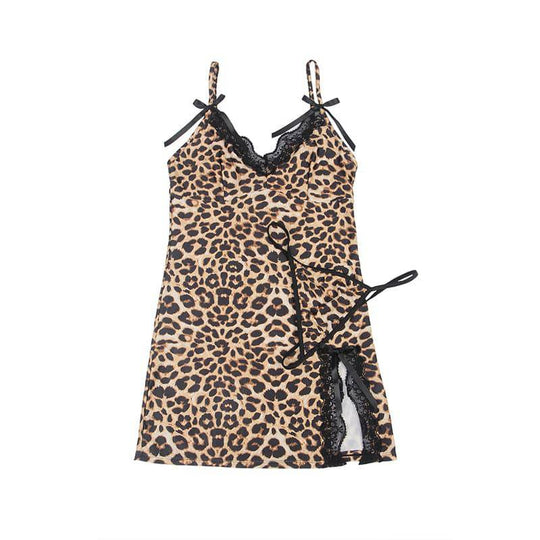 Love It Curvy: Leopard Print Sexy Babydoll Spliced Lace Sleepwear Silk Nightgown - Love it Curvy