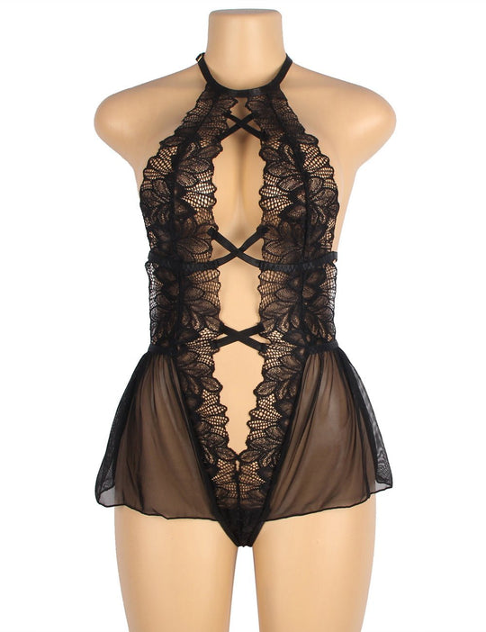 Love It Curvy: Mesh Halter Backless Floral Patterns Teddy Lingerie Red/Black - Love it Curvy