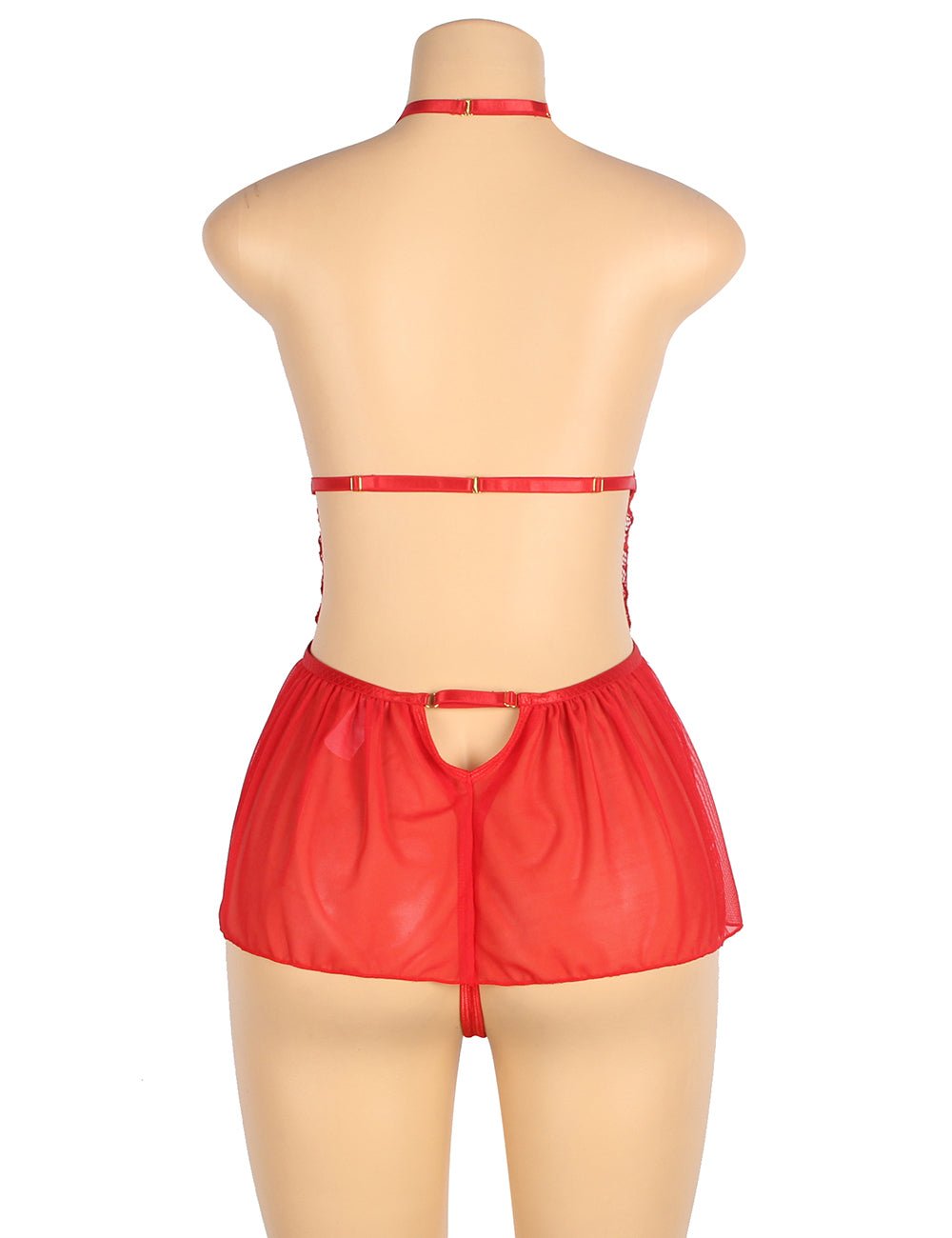 Love It Curvy: Mesh Halter Backless Floral Patterns Teddy Lingerie Red/Black - Love it Curvy