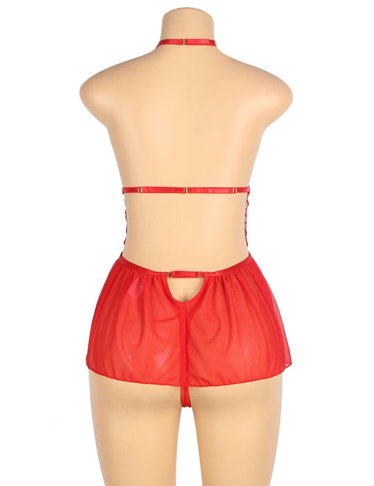 Love It Curvy: Mesh Halter Backless Floral Patterns Teddy Lingerie Red/Black - Love it Curvy