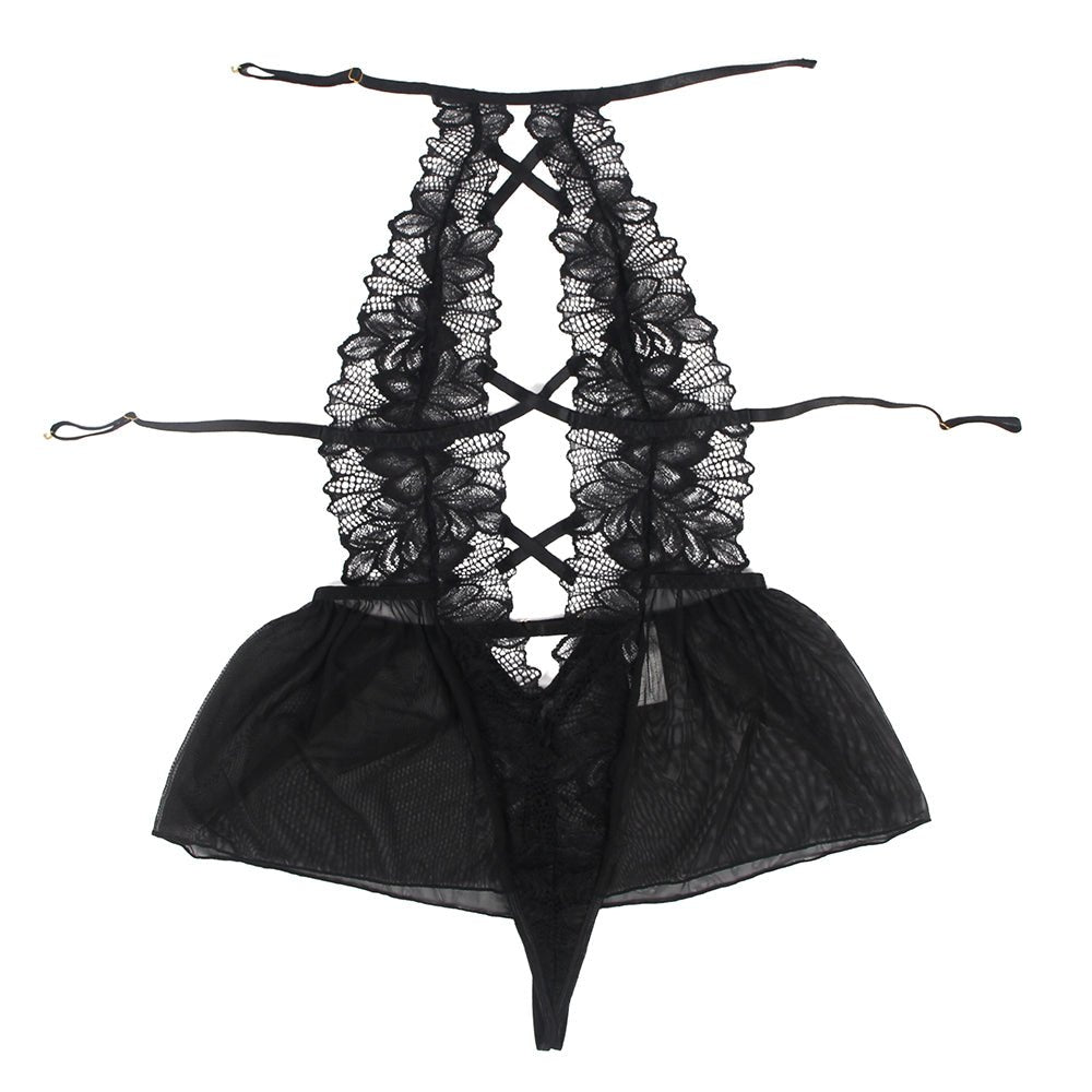 Love It Curvy: Mesh Halter Backless Floral Patterns Teddy Lingerie Red/Black - Love it Curvy
