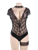 Love It Curvy: Plus Size Black Floral Eyelashes Lace Teddy - R80624P-1 - Love it Curvy