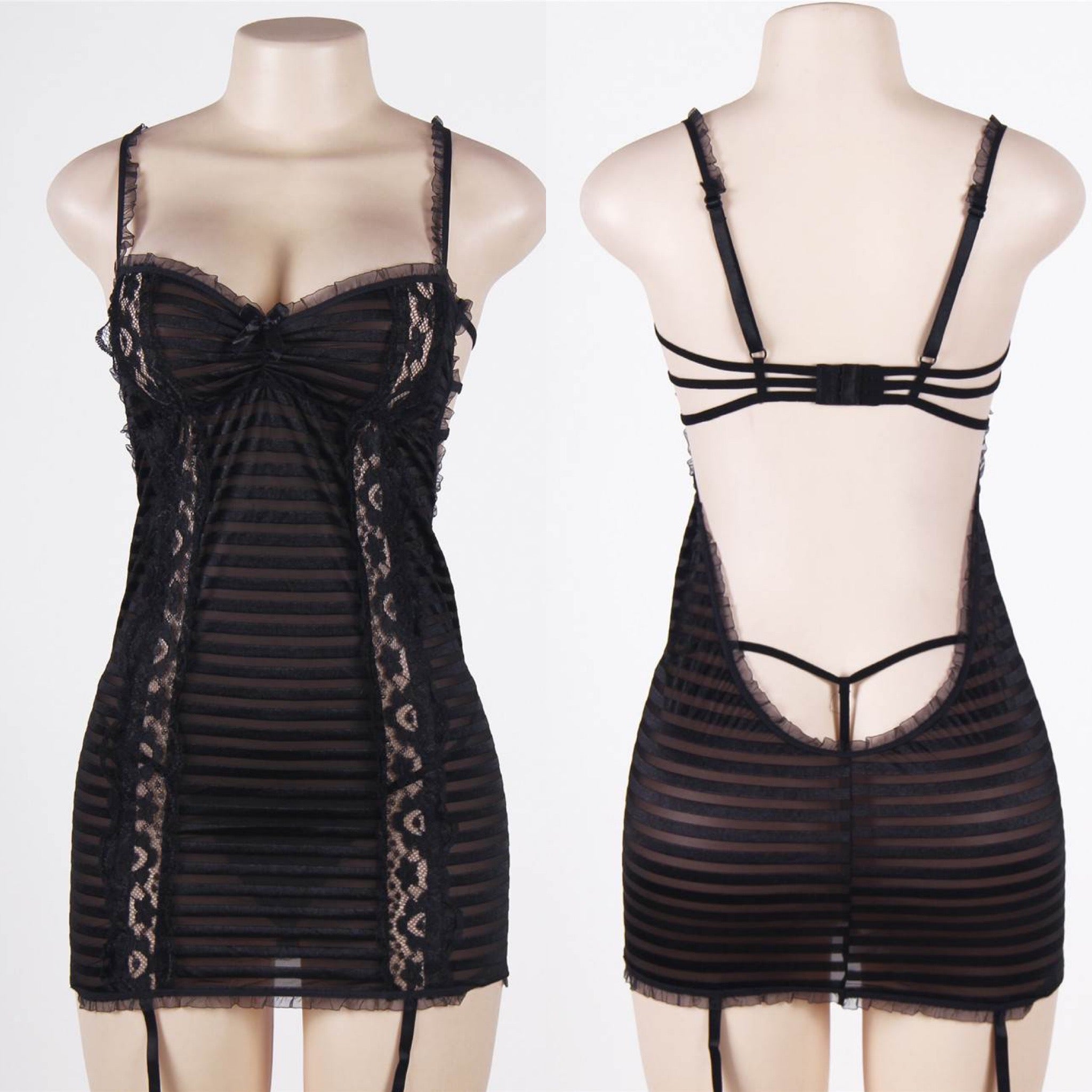 Love It Curvy: Plus Size Black Lace Lingerie Halter Slips With Thong - R76521-BLK-1 - Love it Curvy