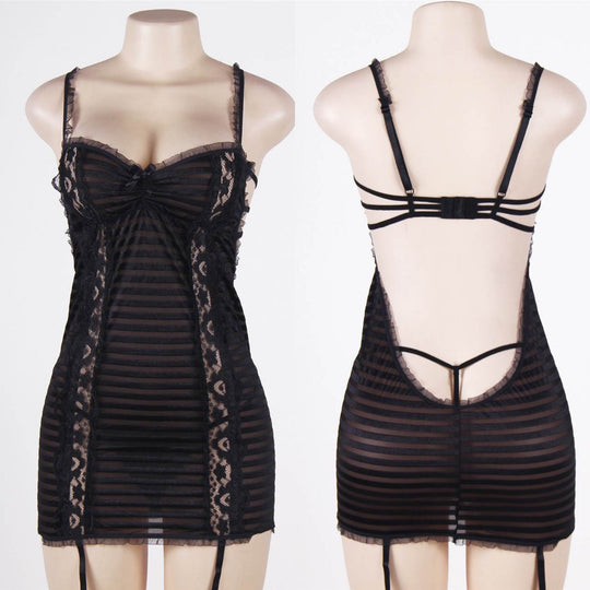 Love It Curvy: Plus Size Black Lace Lingerie Halter Slips With Thong - Love it Curvy