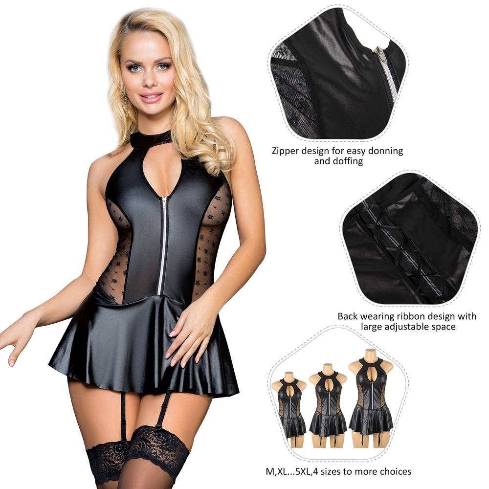 Love It Curvy: Plus Size Black Sexy Halter Leather Lace Stitching Gartered Lingerie - R80941P - Love it Curvy