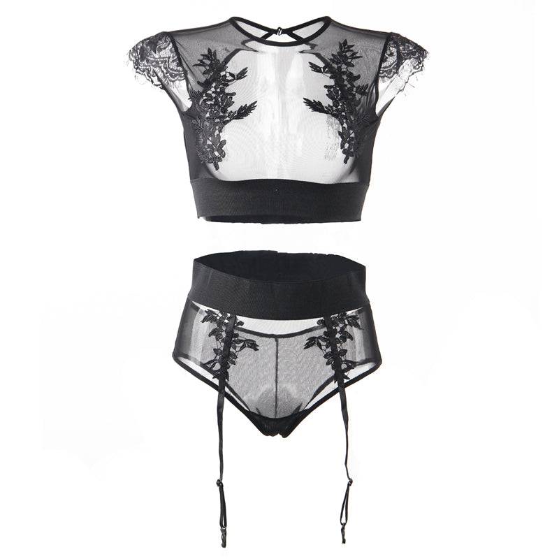 Love It Curvy: Plus Size Black Sexy High Waist Elegant Embroidery Bra And Garter Panty Set - R80964-2P-4 - Love it Curvy