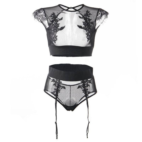 Love It Curvy: Plus Size Black Sexy High Waist Elegant Embroidery Bra And Garter Panty Set - Love it Curvy