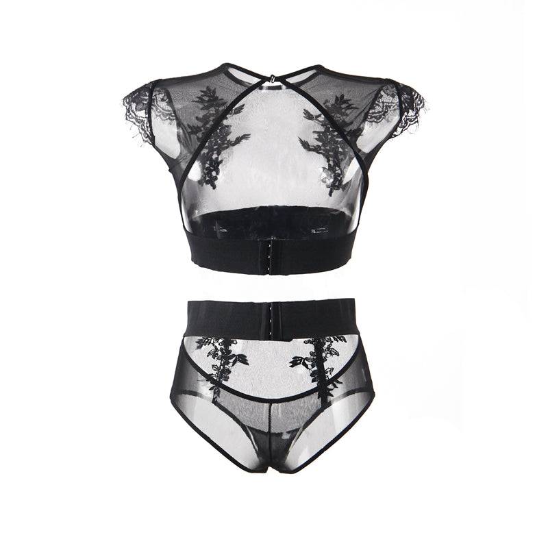 Love It Curvy: Plus Size Black Sexy High Waist Elegant Embroidery Bra And Garter Panty Set - Love it Curvy