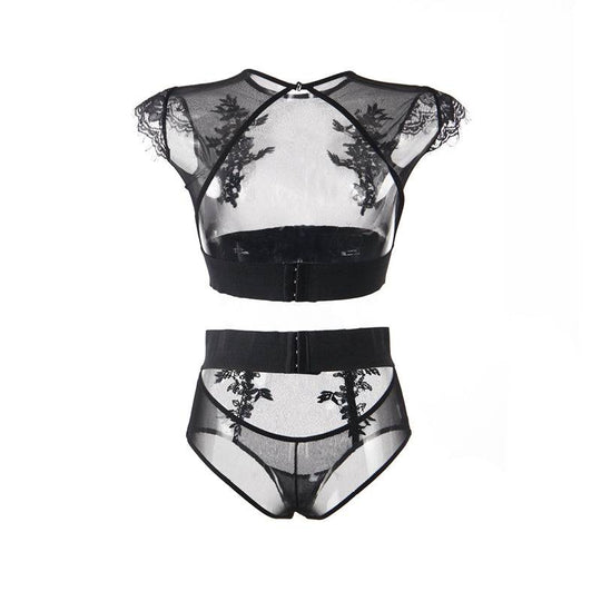 Love It Curvy: Plus Size Black Sexy High Waist Elegant Embroidery Bra And Garter Panty Set - Love it Curvy