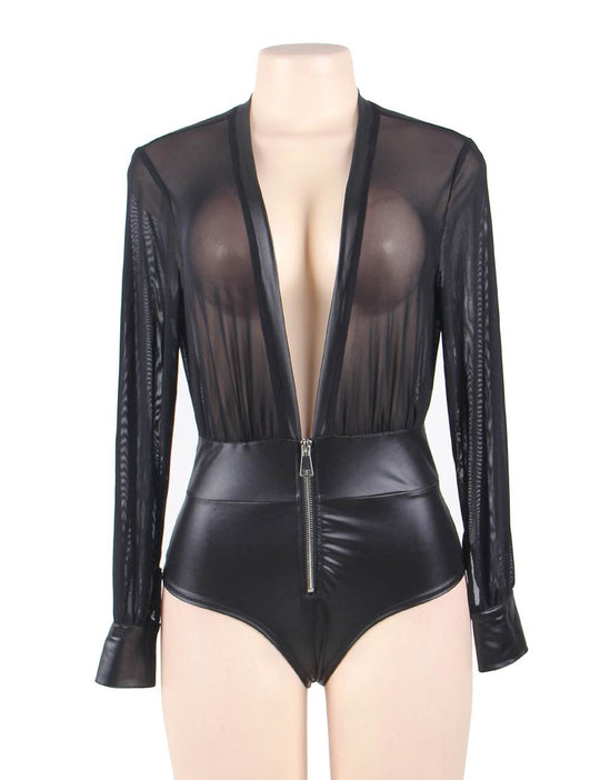 Love It Curvy: Plus Size Black V-neck Zipper Leather Teddy - Love it Curvy