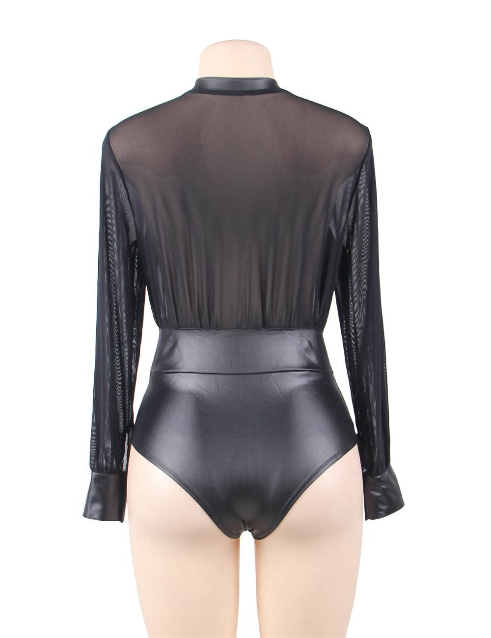 Love It Curvy: Plus Size Black V-neck Zipper Leather Teddy - R80594P-3 - Love it Curvy