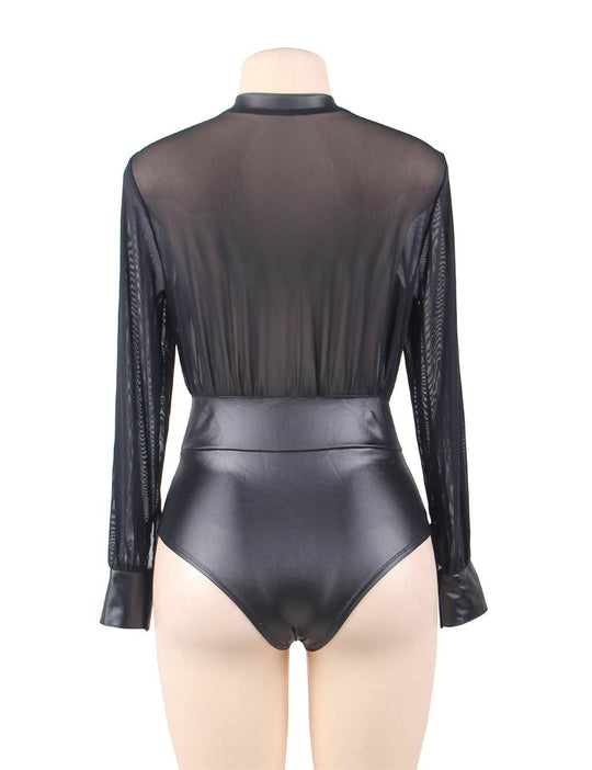 Love It Curvy: Plus Size Black V-neck Zipper Leather Teddy - Love it Curvy