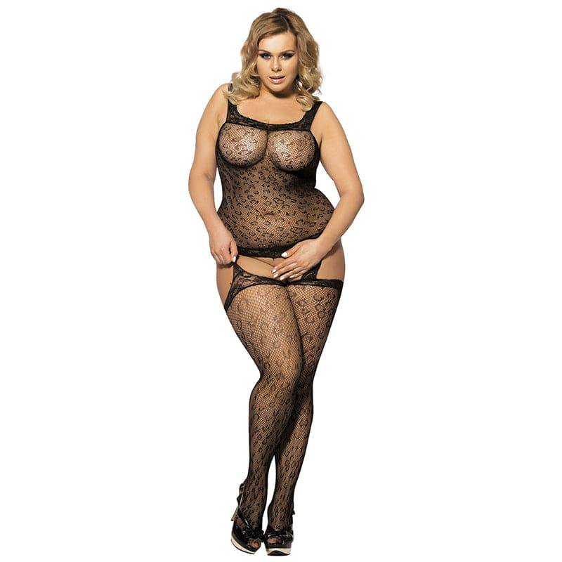 Love It Curvy: Plus Size Leopard Patterned Garter Pink Bodystocking - Love it Curvy