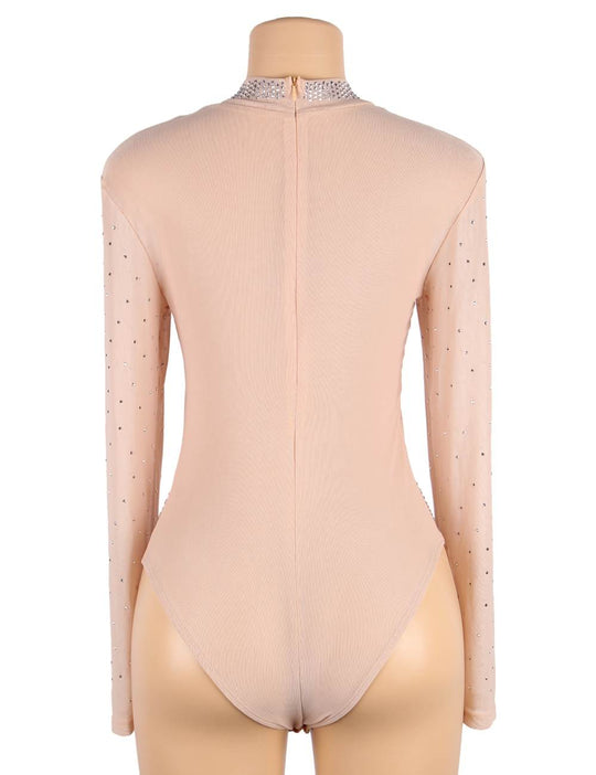 Love It Curvy: Plus Size Long Sleeve Mesh Rhinestone Sexy Women Transparent Teddy - Love it Curvy
