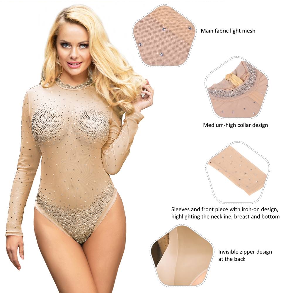 Love It Curvy: Plus Size Long Sleeve Mesh Rhinestone Sexy Women Transparent Teddy - Love it Curvy